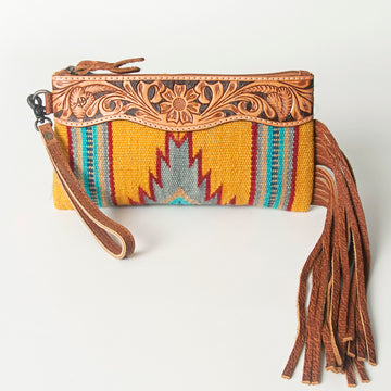 American Darling ADBG344TANA Wristlet Hand Tooled Saddle Blanket Genuine Leather Women Bag Western Handbag Purse